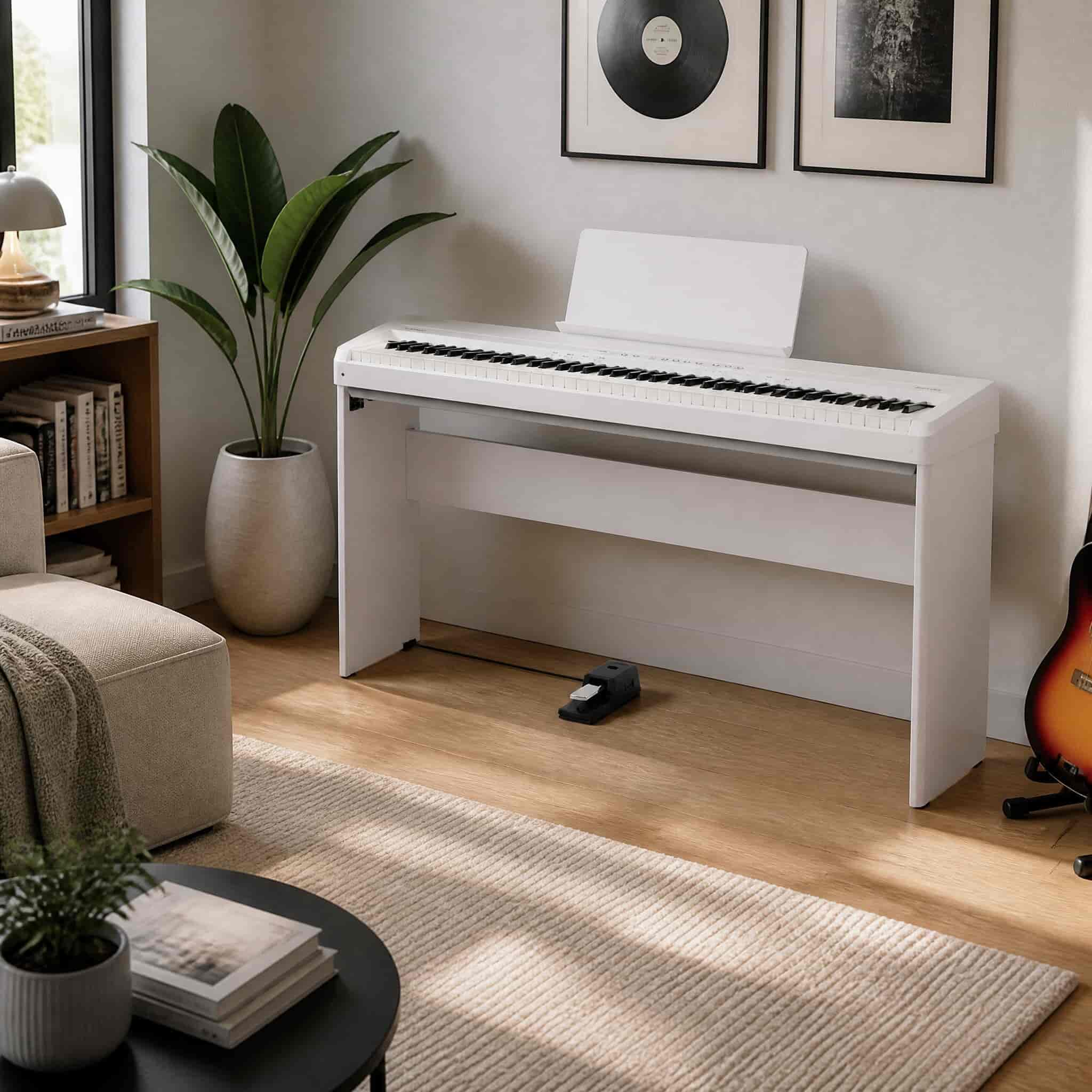 Roland FP40 in White with KSC40 & KPD70 in living room - Merriam Pianos