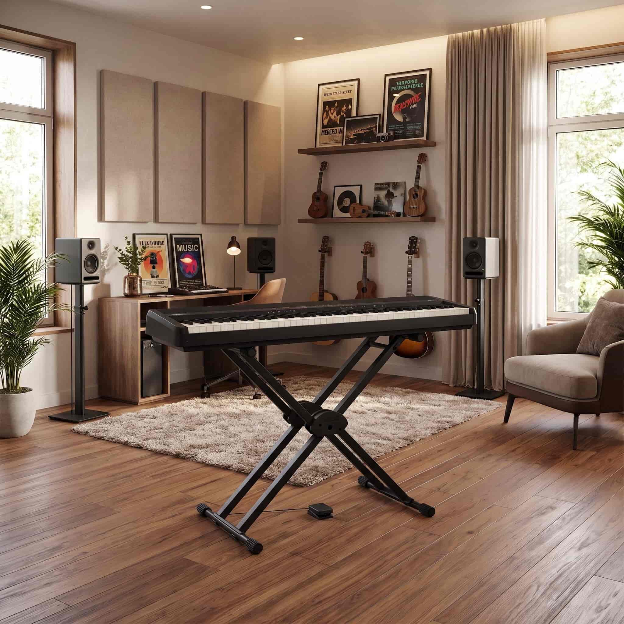 Roland FP40 on x stand in a living room - Merriam Pianos